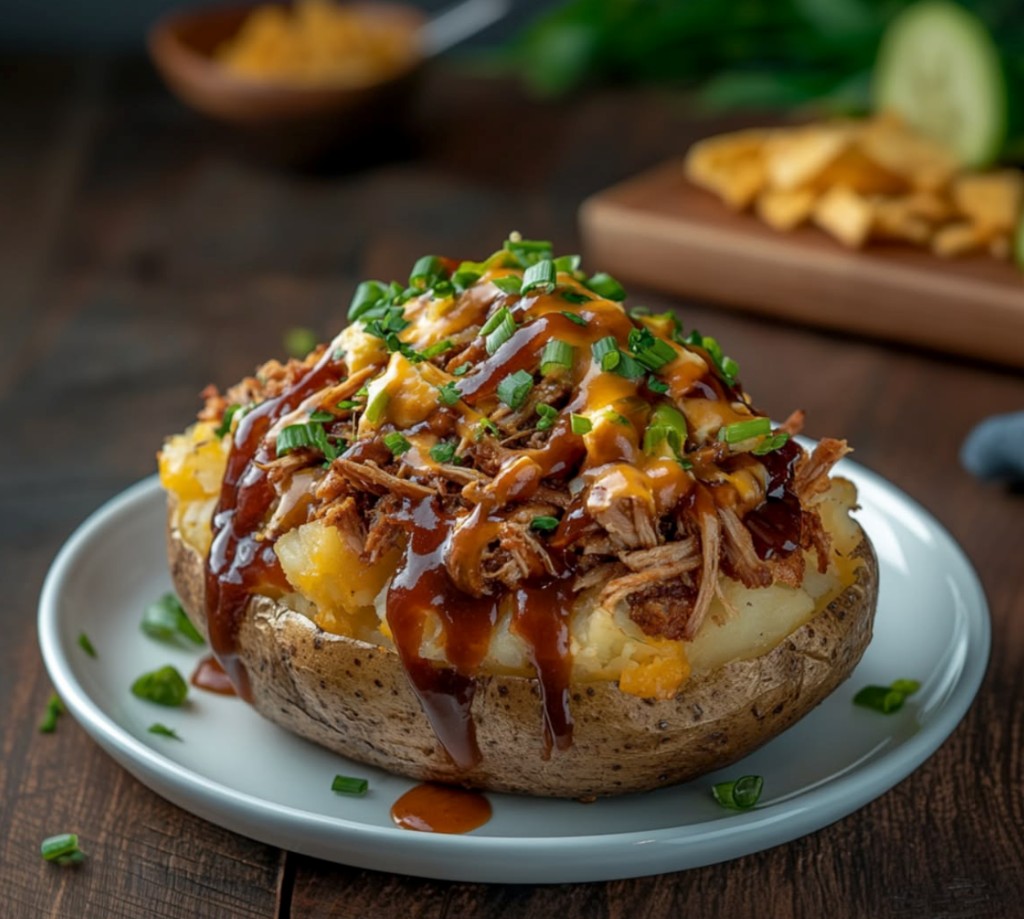 Loaded baked potato with pulled pork and cheese sauce