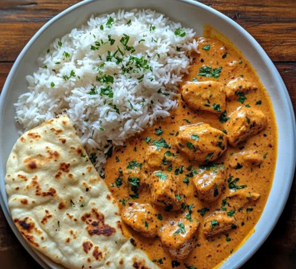 Butter chicken with rice and naan