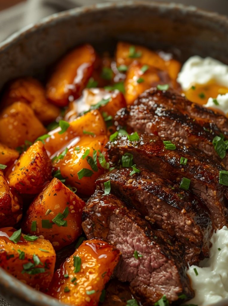 Hot honey beef bowl with roasted sweet potato